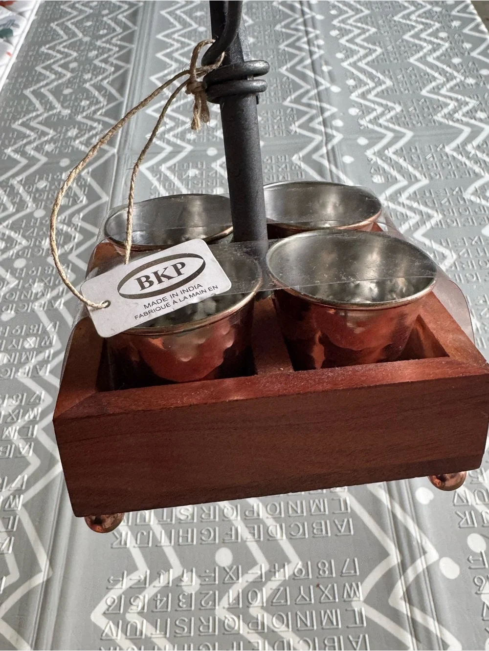 Copper Finish Condiment Caddy with Wooden Base - Brown